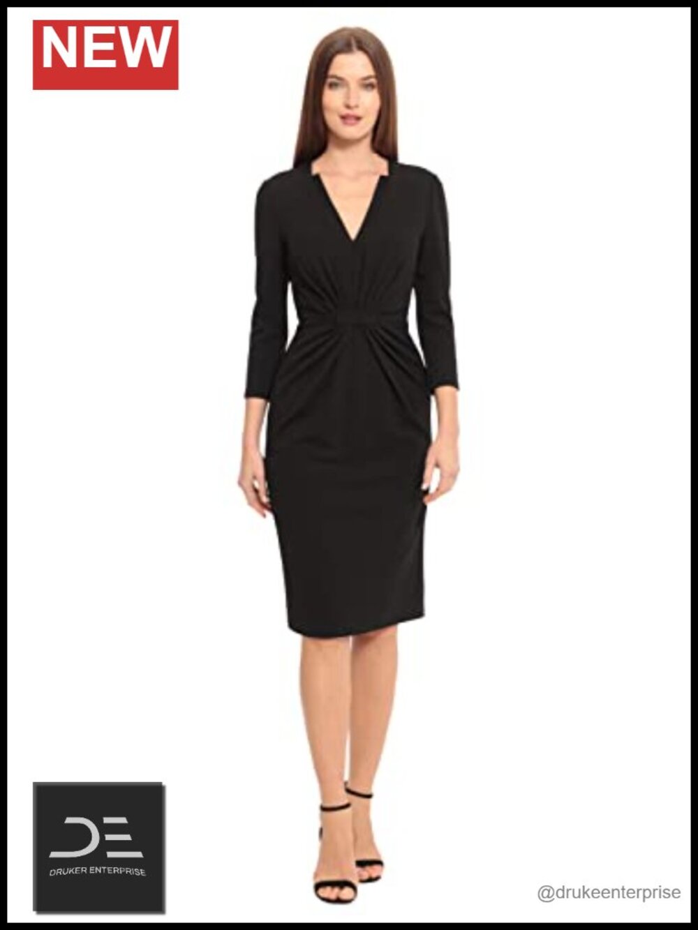 Maggy London Notched V-Neck Scuba Crepe Sheath Dress 3/4 Sleeve Knee-Length